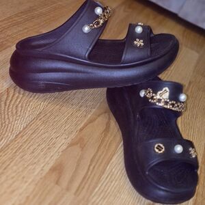 CROCS Black and Gold Platform Sandals with Chunky Design